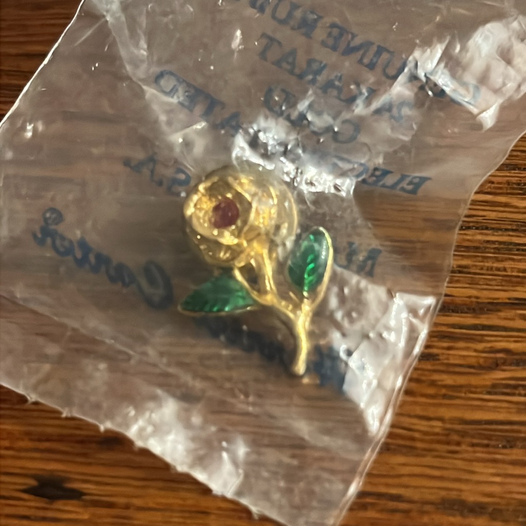 Harriet Carter 80’s Rose Pin Genuine Ruby 24k Gold Electroplated Sealed In Bag